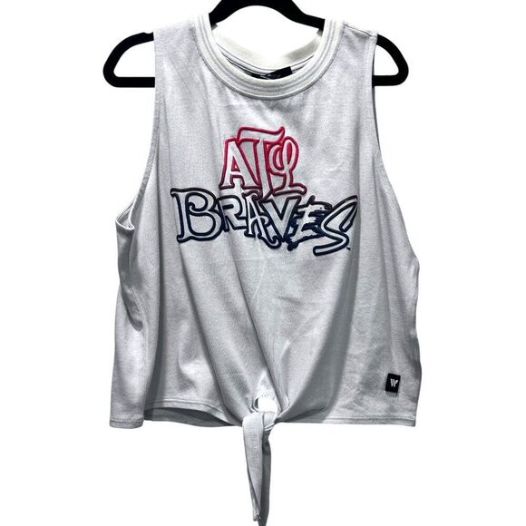 NWT! Atlanta Braves MLB Wild Collective Twisted Tie Front Puff Print Top Medium - Picture 2 of 7